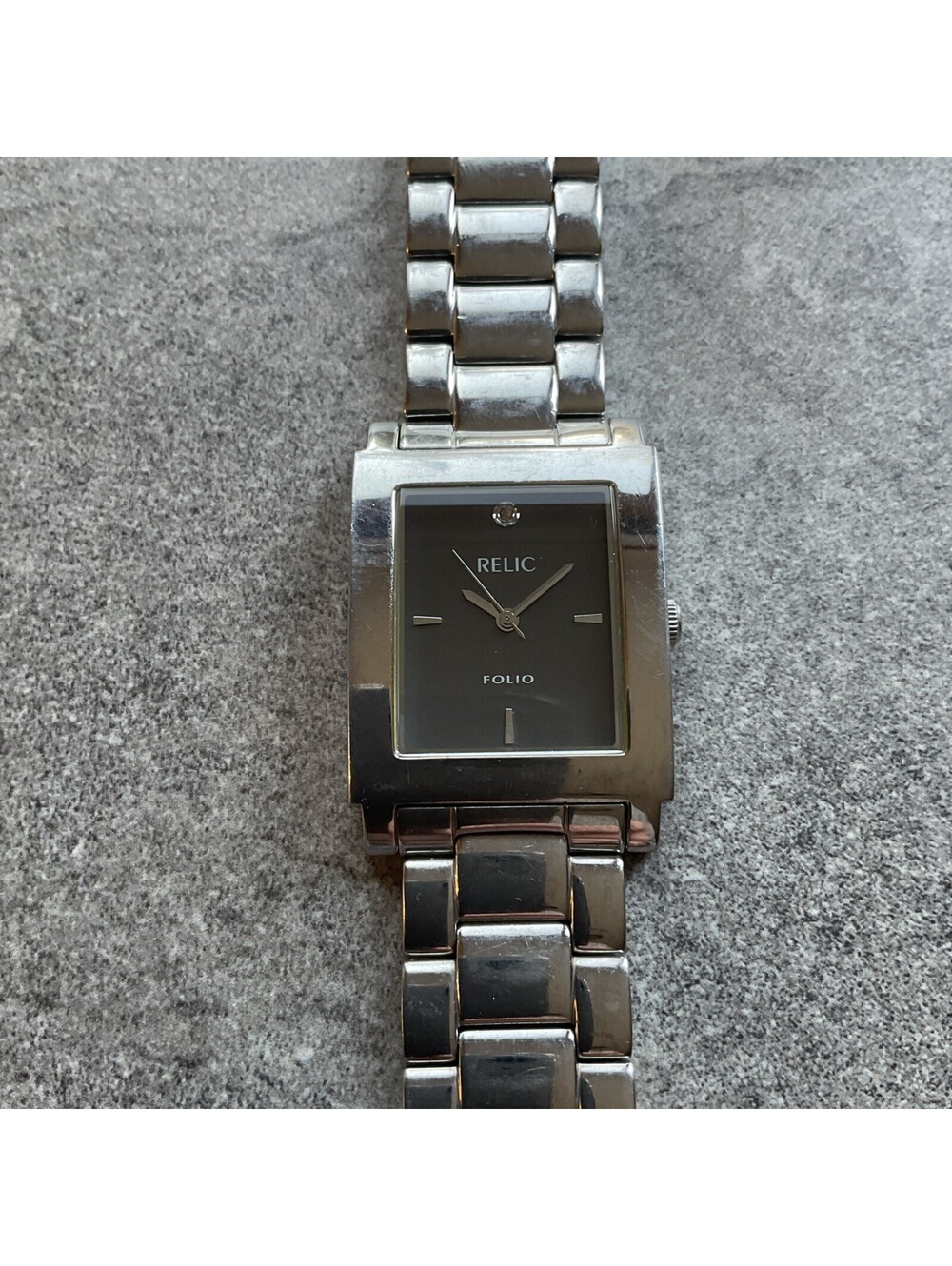 Relic Mens Tank Style Watch Stainless Steel Case & Band Diamond Accent Dial BV